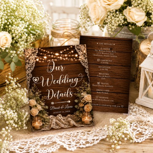 Rustic String Lights Wood Lace Wedding Details Enclosure Card