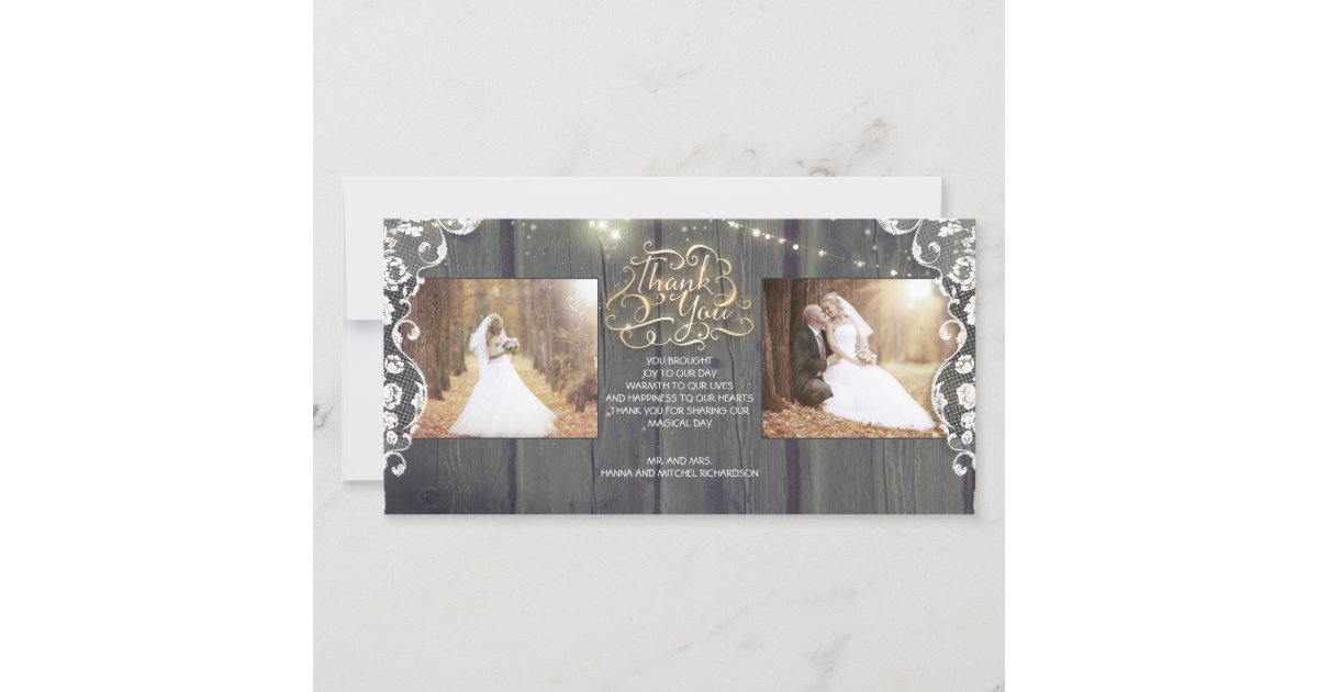 Rustic String Lights Wood Lace Wedding Thank You Card | Zazzle