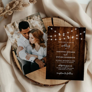 Rustic String Lights & Wood Photo Wedding Invitation