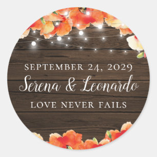 Rustic String Lights Wood Poppy Wedding Date Classic Round Sticker