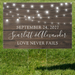 Rustic String Lights Wood Wedding Announcement Sign