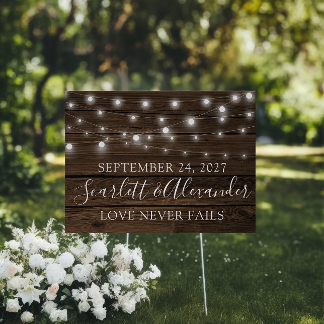 Rustic String Lights Wood Wedding Announcement Sign (Rustic String Lights Wood Wedding Announcement Sign)