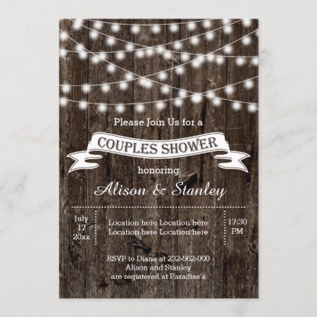 Rustic String Lights Wood Wedding Couples Shower Invitation