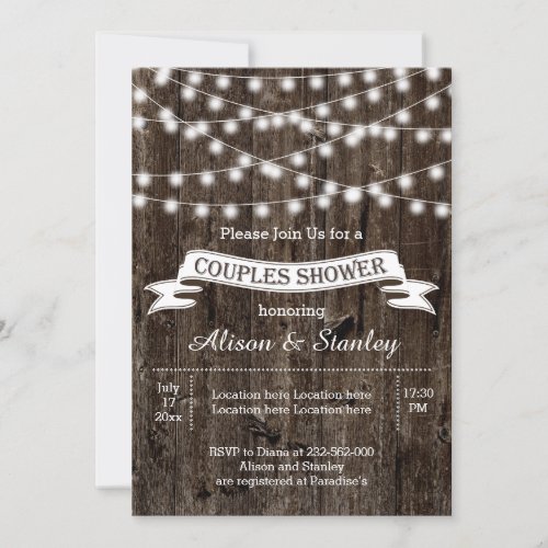 String of lights, old wood wedding couples shower custom invitations