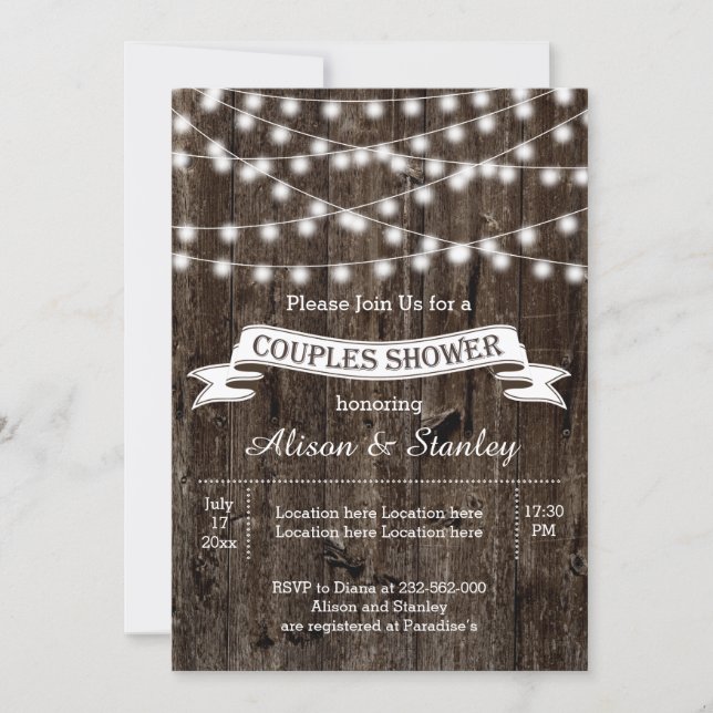 Rustic string lights wood wedding couples shower invitation (Front)