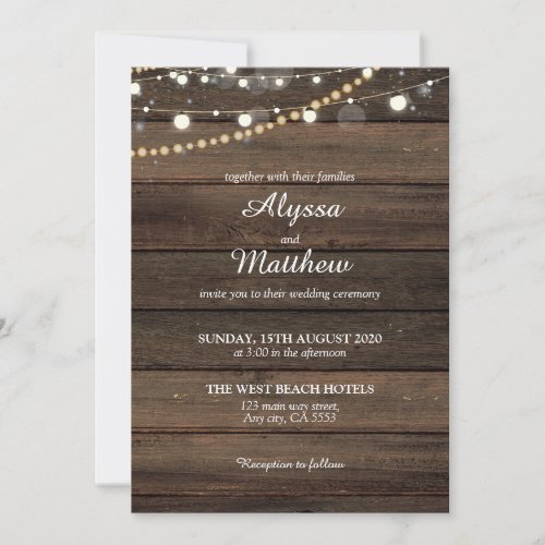 Rustic String Lights Wood Wedding Invitation