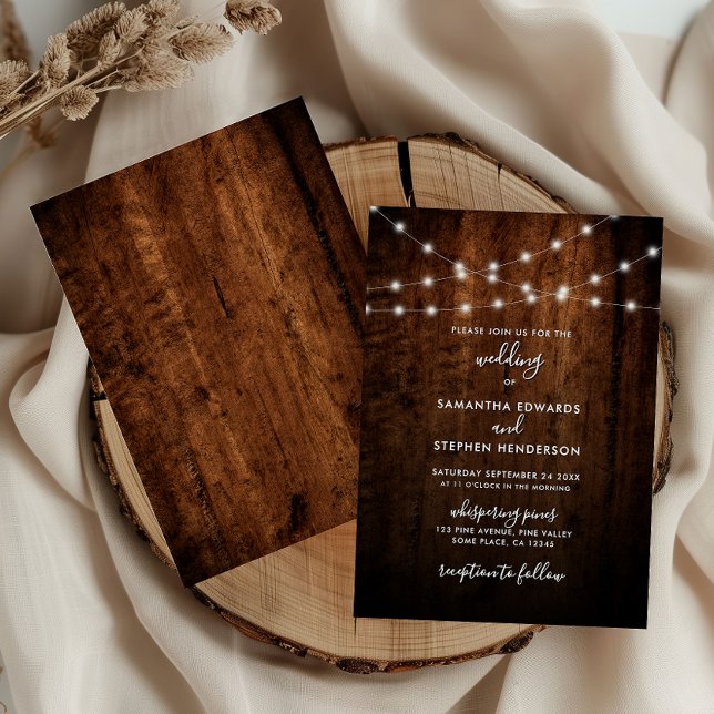 Rustic String Lights & Wood Wedding Invitation (Creator Uploaded)