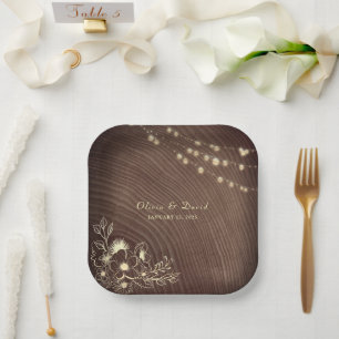 Rustic String Lights Wood Wedding Paper Plate