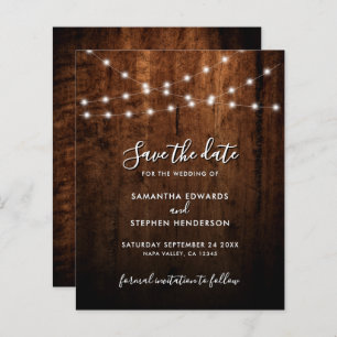 Rustic String Lights & Wood Wedding Save The Date