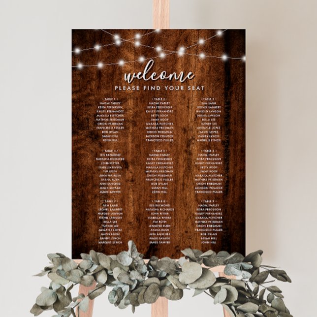Rustic String Lights & Wood Wedding Seating Chart Foam Board (Creator Uploaded)