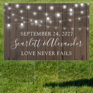 Rustic String Lights Wood Wedding Sign