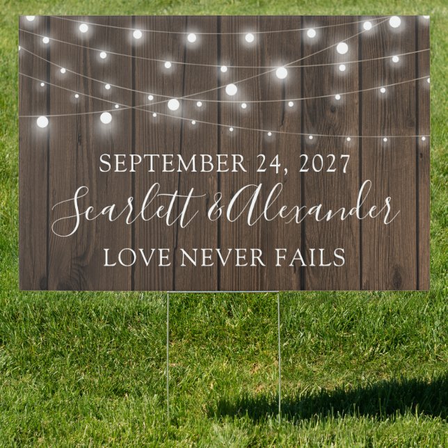 Rustic String Lights Wood Wedding Sign (Insitu)