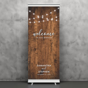 Rustic String Lights & Wood Wedding Welcome Retractable Banner