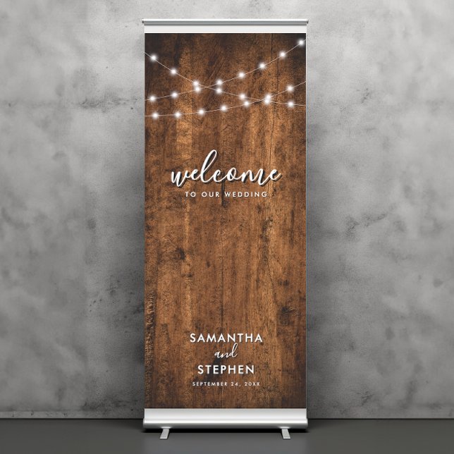 Rustic String Lights & Wood Wedding Welcome Retractable Banner (Creator Uploaded)