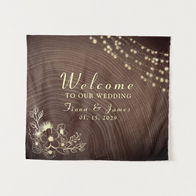 Rustic String Lights Wood Wedding Welcome Tapestry (Front (Horizontal))