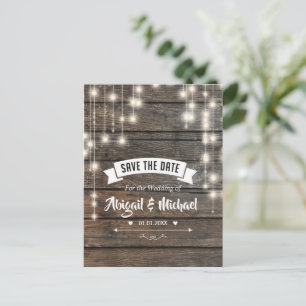 Rustic String Lights Wooden Save The Date Postcard