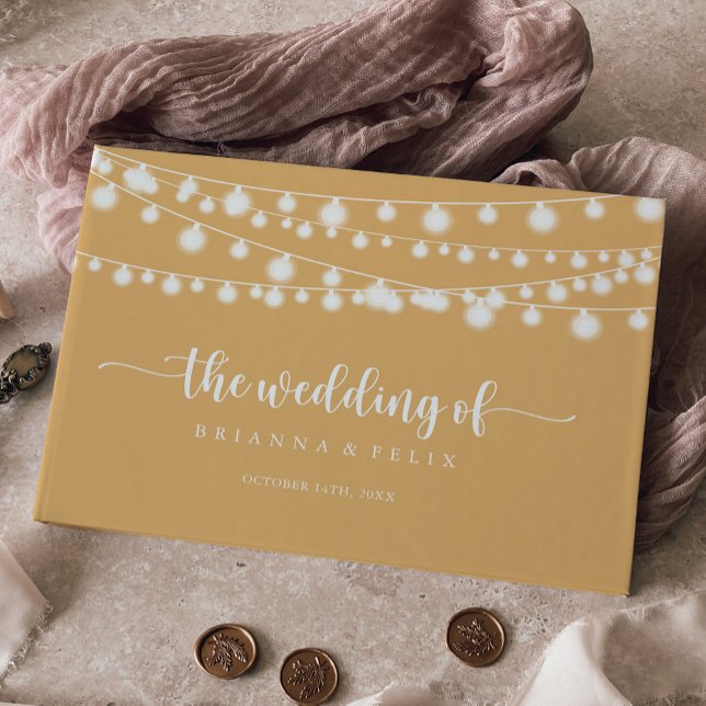 Rustic String Lights Yellow Calligraphy Wedding  Guest Book (Creator Uploaded)