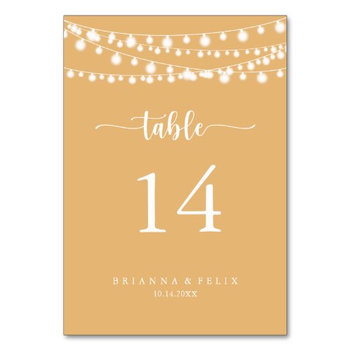 Rustic String Lights Yellow Calligraphy Wedding  Table Number
