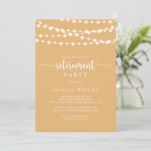 Rustic String Lights Yellow Retirement Party  Invitation