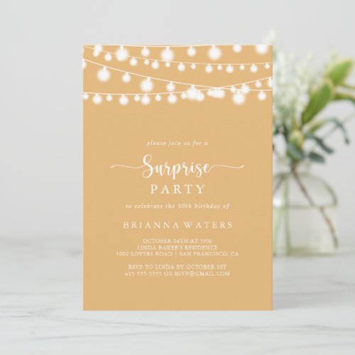 Rustic String Lights Yellow Surprise Party  Invitation