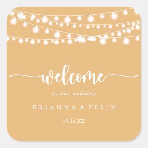 Rustic String Lights Yellow Wedding Welcome   Square Sticker