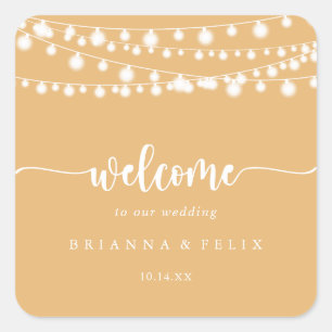 Rustic String Lights Yellow Wedding Welcome Square Sticker
