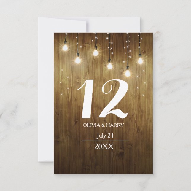 Rustic String Of Lights Country Table Number Card (Front)