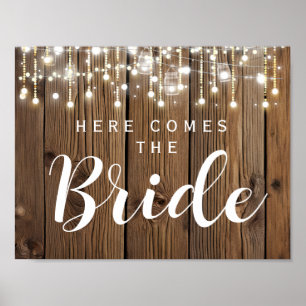 Rustic String of lights here comes the bride Poster