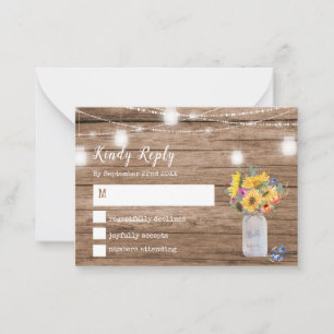 Rustic String of Lights   Mason Jar Wedding RSVP Note Card