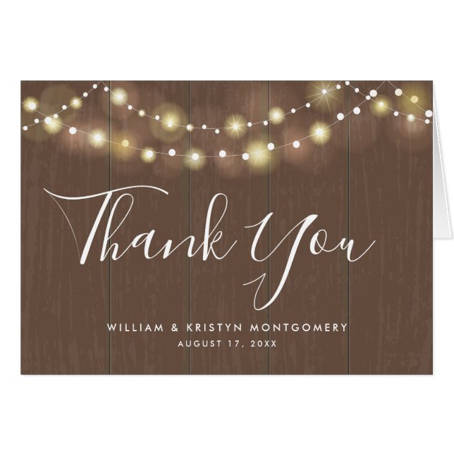 Rustic String of Lights Photo Wedding Thank You Cards (Front Horizontal)
