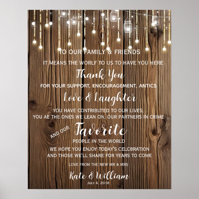 Rustic string of lights Thank you wedding sign (Front)