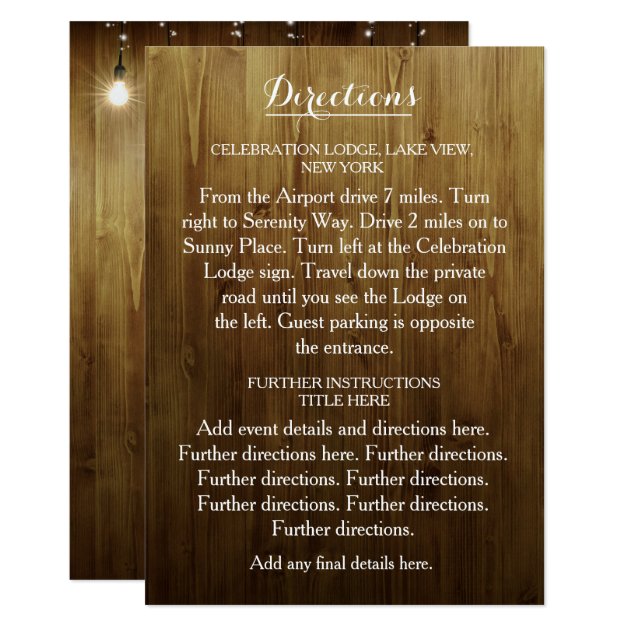Rustic String Of Lights Wedding Directions Card