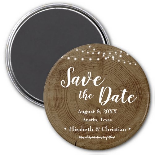 Rustic String of lights Wood Bark Save the date Magnet