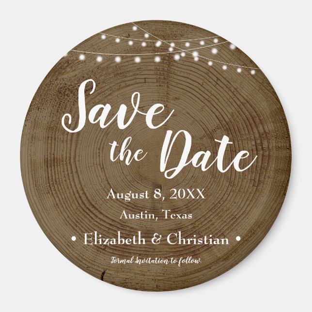 Rustic String of lights Wood Bark Save the date Magnet (Front)