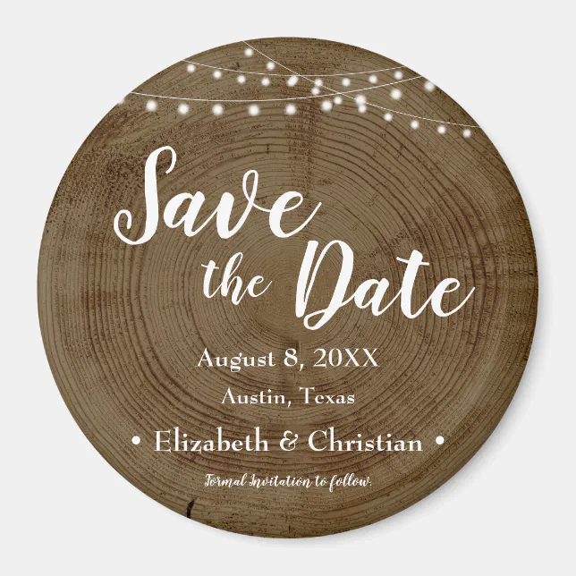Rustic String of lights Wood Bark Save the date Magnet | Zazzle