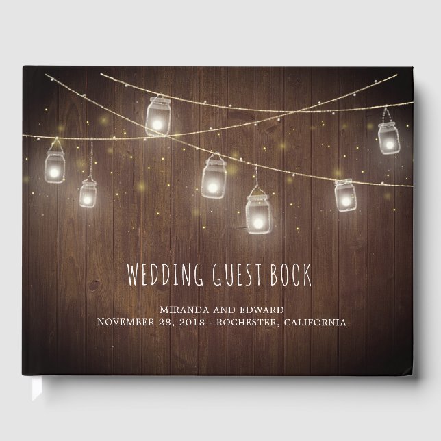 Rustic Strings of Mason Jars Fireflies Wedding Guest Book (Front)