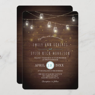 Rustic Strings of Mason Jars Fireflies Wedding Invitation