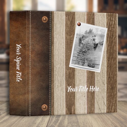 Rustic Striped Butcher Block Leather Photo Album 3 Ring Binder