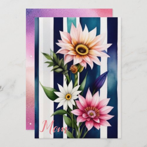 Rustic Striped Watercolor Floral Mothers Day Card