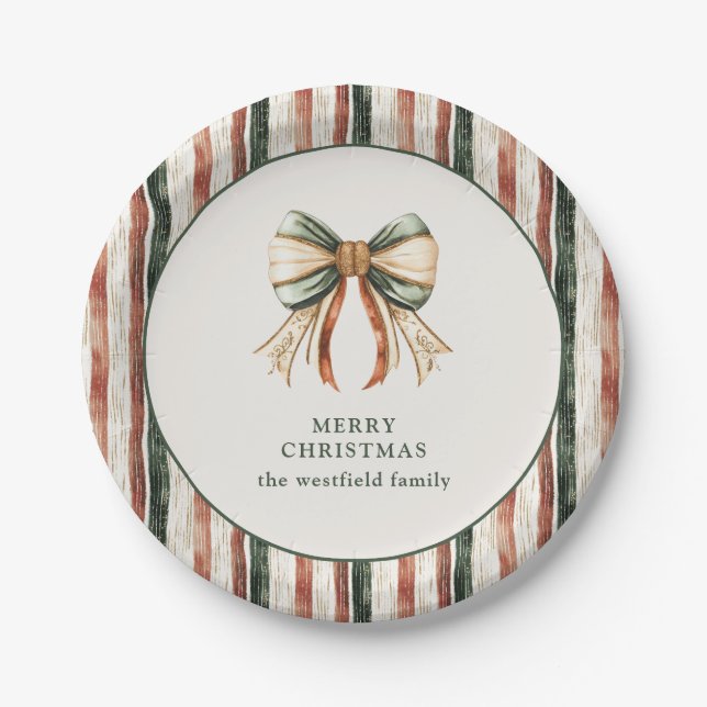 Rustic Stripes Personalized Merry  Christmas Paper Plates (Front)