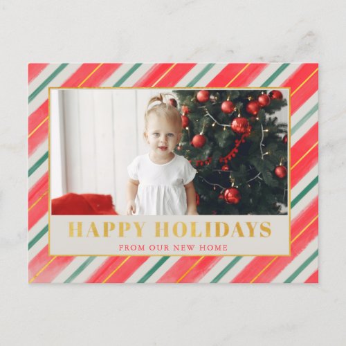 Rustic Stripes Red and Green Weve Moved Photo  Ho Holiday Postcard