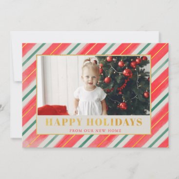 Rustic Stripes Red and Green We've Moved Photo  Holiday Card