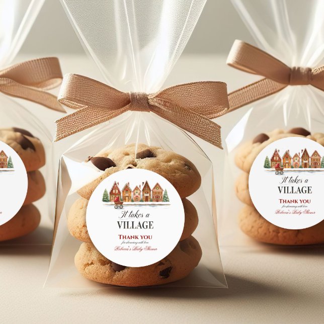 Rustic Stroller Village Houses Winter Baby Shower Classic Round Sticker (Creator Uploaded)