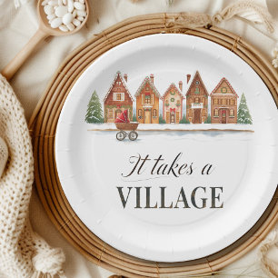 Rustic Stroller Village Houses Winter Baby Shower Paper Plates