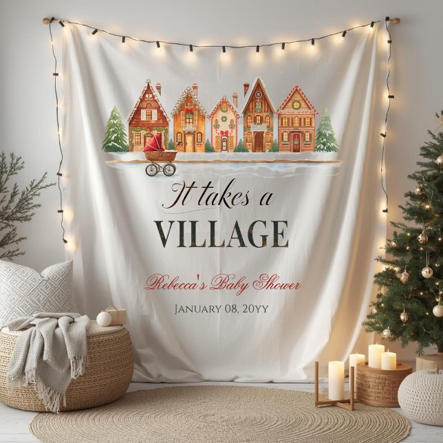 Rustic Stroller Village Houses Winter Baby Shower Tapestry (Creator Uploaded)