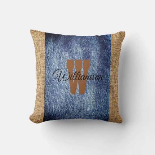 Rustic Style Blue Denim and Burlap Effect Throw Pillow