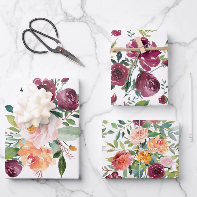 Rustic Stylish Floral Bouquets Wrapping Paper Sheets (Front)