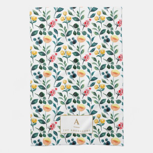 Rustic Stylish Yellow Watercolor Flowers Monogram Kitchen Towel