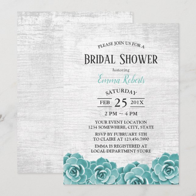 Rustic Succulent Barn Wedding Bridal Shower Invitation (Front/Back)