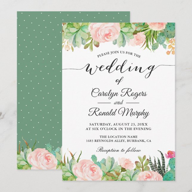 Rustic Succulent Cactus Blush Green Floral Wedding Invitation (Front/Back)
